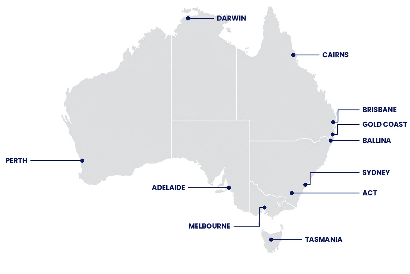 Map of Australia showing MBC Media coverage: Darwin, Cairns, Brisbane, Gold Coast, Ballina, Sydney, ACT, Melbourne, Tasmania, Adelaide and Perth